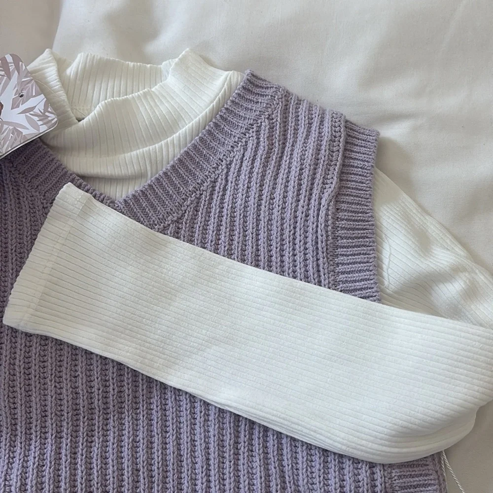 Lilac Plaid Knit Skirt & Sweater Vest Set with Headband - Kids